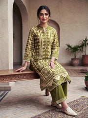 Elegant Olive Green Rayon Coord Set with Ethnic Geometric Print