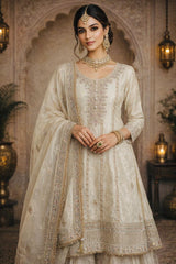 Elegant Ivory Shimmer Embroidered Kurta-Sharara Set with Dupatta