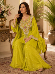 Gorgeous Lime Green Pure Crepe Embroidered Kaftan with Palazzo Set