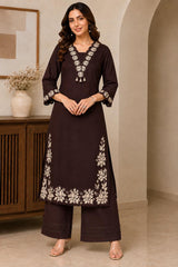 Classic Chocolate Brown Cotton Cut Work Kurta Set with Dupatta