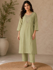 Sage Green Mul Chanderi Embroidered Kurta Set with Dupatta