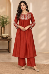 Beautiful Rust Mul Chanderi Embroidered Anarkali Suit Set