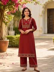 Maroon Cotton Kurta Set with Printed Dupatta