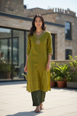 Olive Green Embroidered Suit Set with Floral Dupatta