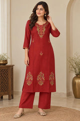 Pure Cotton Maroon Embroidered Kurta Palazzo Set with Dupatta