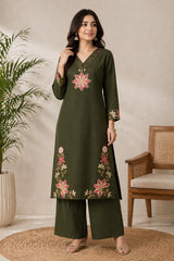 Embroidered Green Cotton Kurta Set with Dupatta