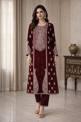 Fully Stitched Velvet Embroidered Kurta Set with Velvet Dupatta