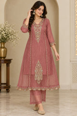 Graceful Dusty Rose Embroidered Salsa Kurta Set with Dupatta