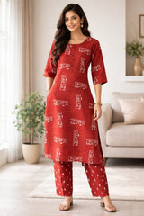 Rust Red Cotton Printed Daily Wear Kurta Set with Dupatta