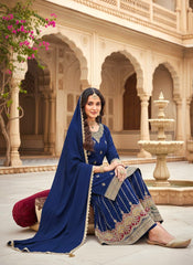 Royal Blue Chinon Kurta Set with Designer Sharara & Dupatta