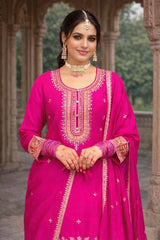 Bright Pink Embroidered Chinon Kurta Set Afgani Bottton