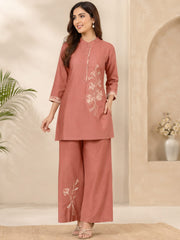 Elegant Dusty Rose Cotton Silk Embroidered Co-Ord Set