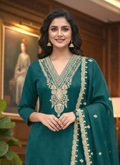 Unstitched Peacock Green Embroidered Velvet Suit Set