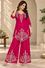 Stunning Pink Embroidered Chinon Kurta Palazzo Set
