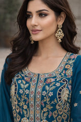Royal Teal Blue Hand Embroidered Sharara Set