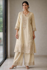 Graceful Ivory Shimmer Embroidered Kurta Set with Dupatta