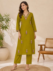 Olive Green Cotton Embroidered Kurta Set with Dupatta