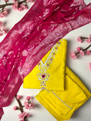 Bright Yellow Embroidered Suit Set with Pink Dupatta