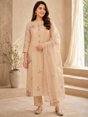 Beige Mul Chanderi Floral Embroidered Kurta Set with Dupatta
