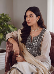 Elegant Ivory Roman Silk Kurta Set with Embroidered Yoke & Dupatta