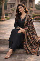 Elegant Black German Rayon Kurta Set with Embroidered Detailing & Digital Dupatta