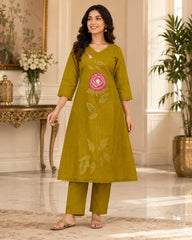 Elegant Embroidered Olive A-Line Kurta Set with Dupatta