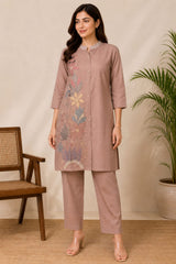 Elegant Beige Mul Chanderi Embroidered Co-ord Set