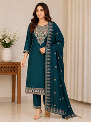 Teal Green Vichitra Silk Kurta Set with Embroidered Dupatta & Potli Bag