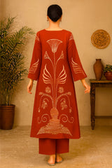 Rust Rayon Co-ord Set with Contemporary Floral Motif Print