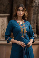 Premium Dabu Cotton Kurta Set with Embroidered Bottom