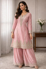 Elegant Blush Pink Shimmer Embroidered Kurta Set with Dupatta