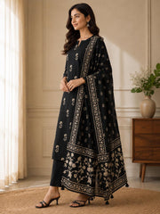 Black Cotton Printed Kurta Set with Floral Dupatta