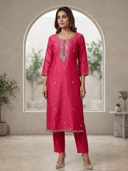 Beautiful Pink Shimmer Embroidered Kurta Set with Dupatta