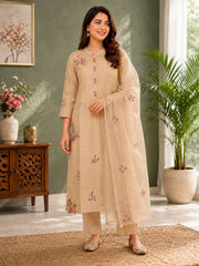 Elegant Beige Mul Chanderi Embroidered Kurta Set with Dupatta