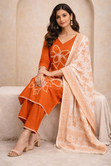 Rust Cotton Kurta Set with Thread Embroidery & Printed Dupatta