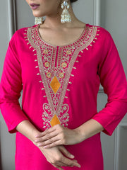 Beautiful Pink Kurta Set with Embroidered Neckline & Designer Printed Dupatta