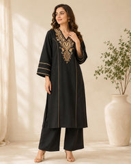Black Embroidered Khadi Cotton Kurta Set with Dupatta
