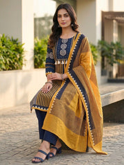 Elegant Navy & Mustard Cotton Kurta Set with Dupatta