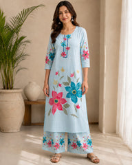Graceful Sky Blue Floral Printed Linen Kurta Set with Dupatta for Women
