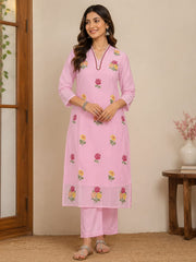 Baby Pink Cotton Floral Embroidered Kurta Set with Dupatta