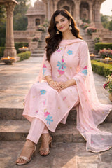Blush Pink Cotton Embroidered Kurta Set with Scalloped Detailing & Embroidered Dupatta