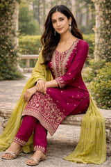 Pink Embroidered Kurta Set with Contrast Green Dupatta