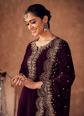 Unstitched Wine Embroidered Velvet Suit Set