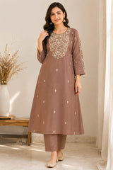 Elegant Mocha Brown Mul Chanderi Embroidered Kurta Set with Dupatta