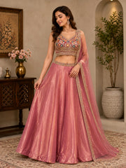 Dusty Rose Fendi Embroidered Lehenga Set with Dupatta (Sleeves Included)