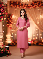 Elegant Rose Pink Silk Blend Suit Set with Embellished Kurta & Printed Dupatta