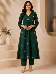 Emerald Green Cotton Embroidered A-Line Long Kurta Set with Dupatta