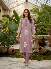 Lavender Linen Kurta Set with Applique work