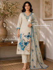 Graceful Off-White Linen Kantha Embroidered Kurta Set with Printed Dupatta