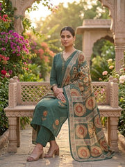 Green Handwork Cotton Kurta Set with Printed Dupatta